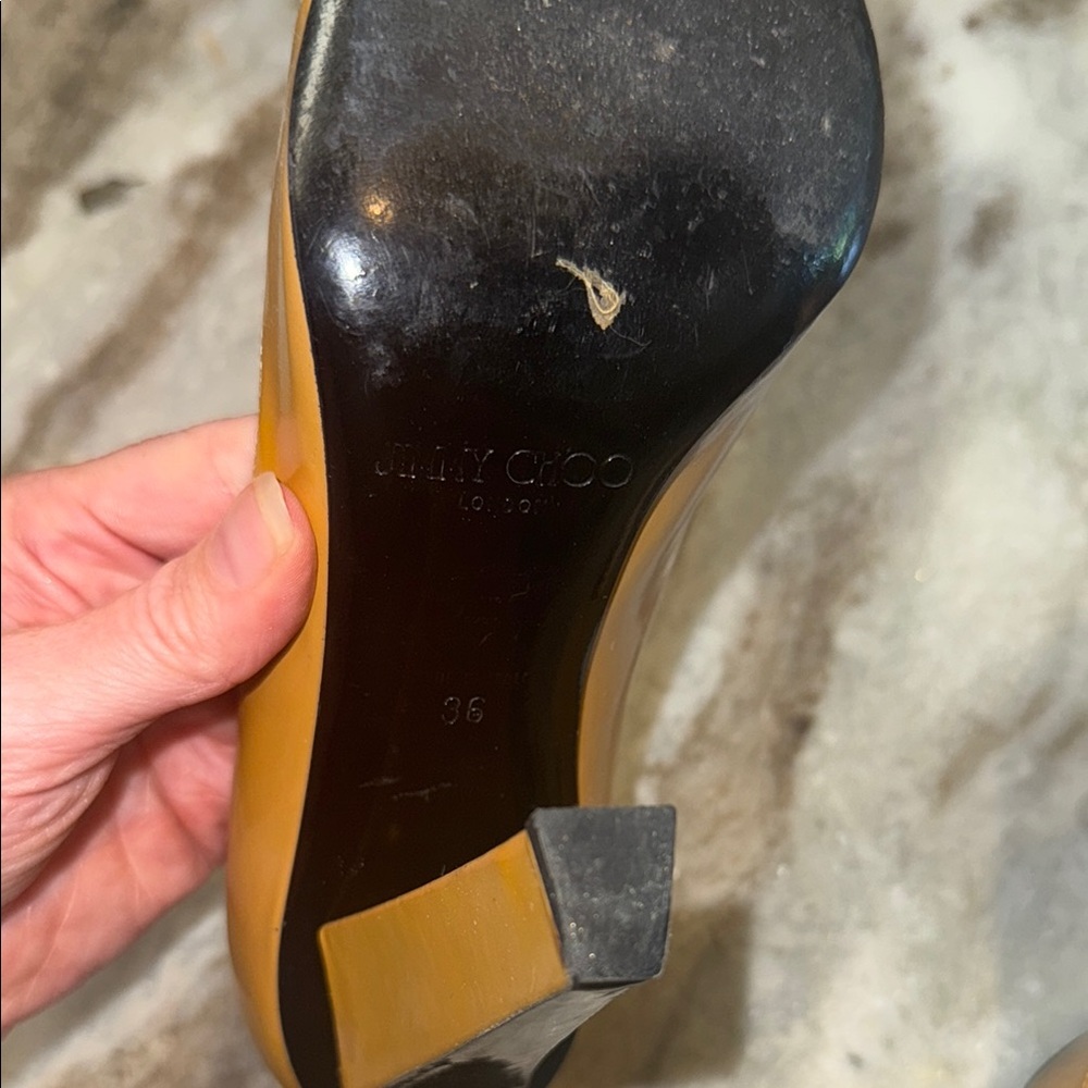 Jimmy Choo Tan and Black Peep patent leather Toe Heels - Picture 6 of 12